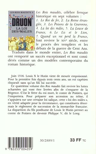 Quatrième de couverture de « LA LOI DES MALES ( LES ROIS MAUDITS, TOME 4) »