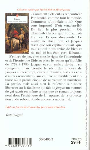 Quatrième de couverture de « JACQUES LE FATALISTE ET SON MAITRE »