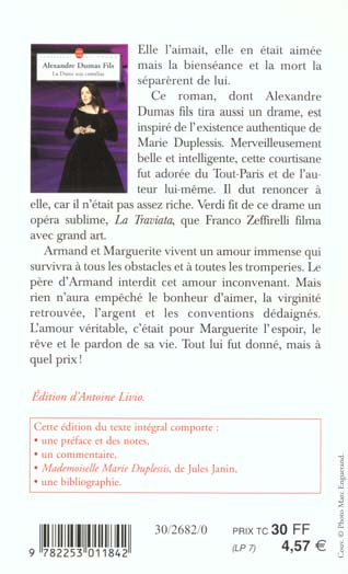 Quatrième de couverture de « LA DAME AUX CAMELIAS »