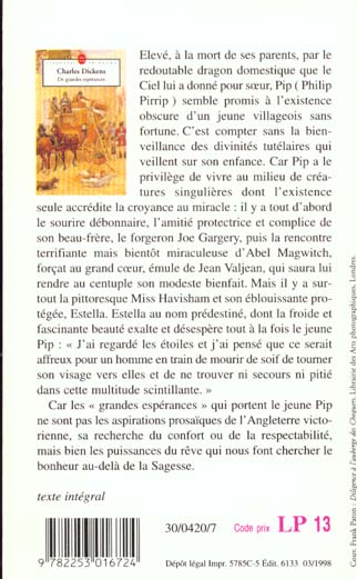 Quatrième de couverture de « DE GRANDES ESPERANCES »