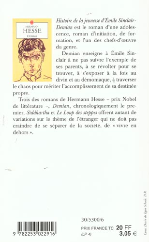 Quatrième de couverture de « DEMIAN - HISTOIRE DE LA JEUNESSE D'EMILE SINCLAIR »