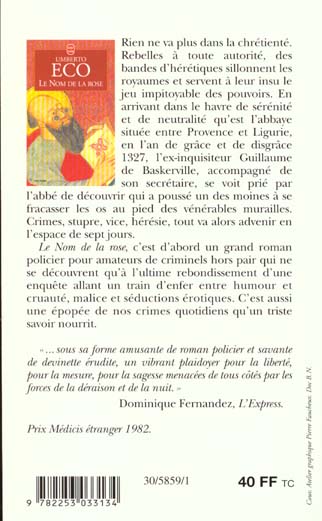 Quatrième de couverture de « LE NOM DE LA ROSE »