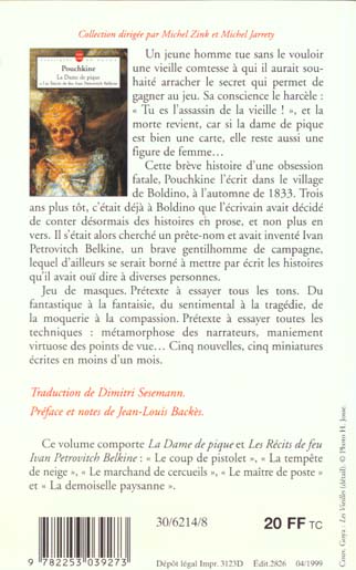 Quatrième de couverture de « LA DAME DE PIQUE - ET LES RECITS DE FEU IVAN PETROVITCH BELKINE »