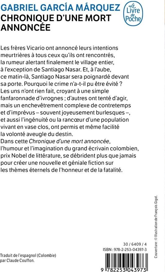 Quatrième de couverture de « CHRONIQUE D'UNE MORT ANNONCEE »