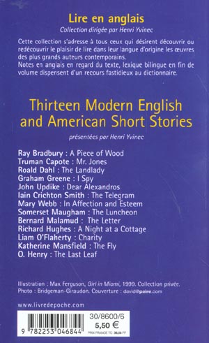 Quatrième de couverture de « THIRTEEN MODERN ENGLISH AND AMERICAN SHORT STORIES »