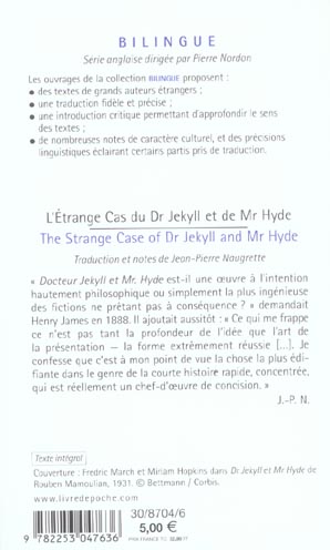 Quatrième de couverture de « L'ETRANGE CAS DU DOCTEUR JEKYLL ET DE MR HYDE - BILINGUE »