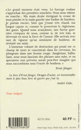 Quatrième de couverture de « ORAGES D'ACIER »