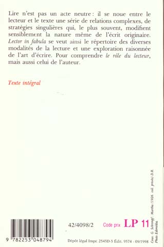Quatrième de couverture de « LECTOR IN FABULA - LE ROLE DU LECTEUR »