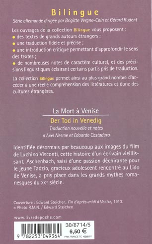 Quatrième de couverture de « LA MORT A VENISE- DER TOD IN VENEDIG - BILINGUE »
