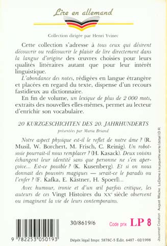 Quatrième de couverture de « 20 KURZGESCHICHTEN DES 20 JAHRHUNDERTS - LIVRE + CASSETTE »