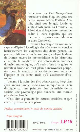 Quatrième de couverture de « VINGT ANS APRES »