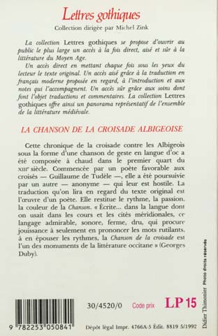 Quatrième de couverture de « LA CHANSON DE LA CROISADE ALBIGEOISE »