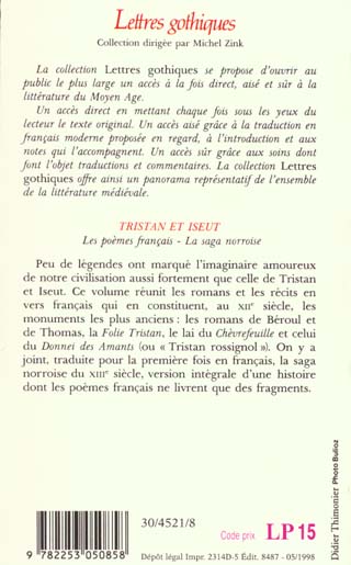 Quatrième de couverture de « TRISTAN ET ISEUT - LES POEMES FRANCAIS - LA SAGA NORROISE »