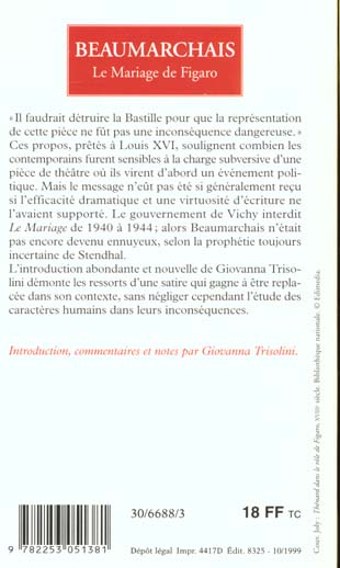 Quatrième de couverture de « LE MARIAGE DE FIGARO »
