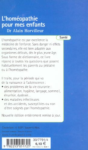 Quatrième de couverture de « L'HOMEOPATHIE POUR MES ENFANTS »