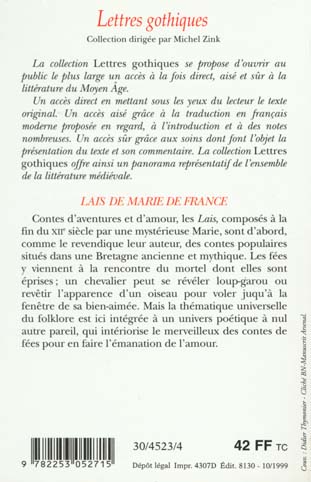 Quatrième de couverture de « LAIS DE MARIE DE FRANCE »