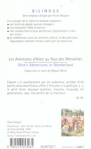 Quatrième de couverture de « LES AVENTURES D'ALICE AU PAYS DES MERVEILLES - ALICE'S ADVENTURES IN WONDERLAND »