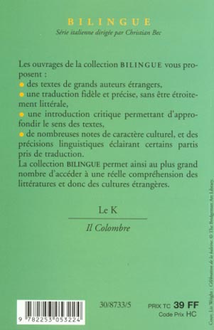 Quatrième de couverture de « LE K - II COLOMBRE »