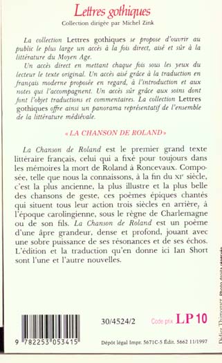 Quatrième de couverture de « LA CHANSON DE ROLAND »