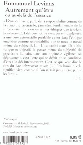 Quatrième de couverture de « AUTREMENT QU'ETRE - OU AU-DELA DE L'ESSENCE »