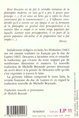 Quatrième de couverture de « MEDITATIONS METAPHYSIQUES »