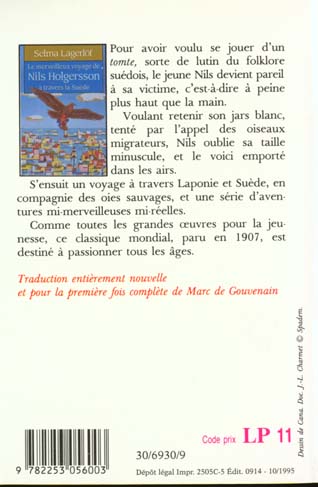 Quatrième de couverture de « LE MERVEILLEUX VOYAGE DE NILS HOLGERSSON A TRAVERS LA SUEDE »