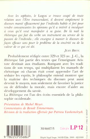 Quatrième de couverture de « RHETORIQUE »