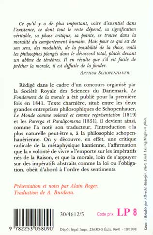 Quatrième de couverture de « LE FONDEMENT DE LA MORALE »