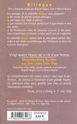 Quatrième de couverture de « VINGT-QUATRE HEURES DE LA VIE D'UNE FEMME »