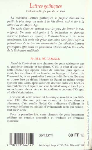 Quatrième de couverture de « RAOUL DE CAMBRAI - CHANSON DE GESTE DU XIIE SIECLE »