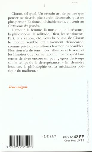 Quatrième de couverture de « LE CREPUSCULE DES PENSEES »
