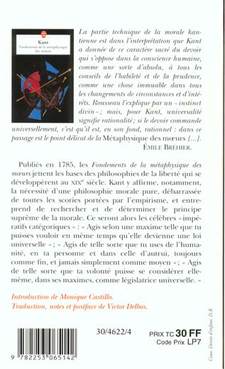 Quatrième de couverture de « FONDEMENTS DE LA METAPHYSIQUE DES MOEURS »