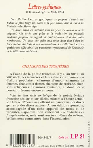 Quatrième de couverture de « CHANSONS DES TROUVERES »