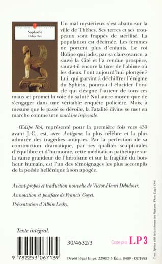 Quatrième de couverture de « OEDIPE ROI »