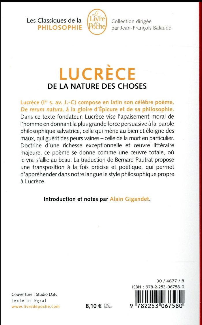 Quatrième de couverture de « DE LA NATURE DES CHOSES »