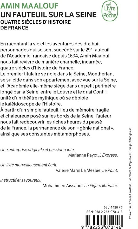 Quatrième de couverture de « Un fauteuil sur la Seine : quatre siècles d'histoire de France »