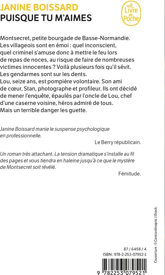 Quatrième de couverture de « Puisque tu m'aimes : roman »