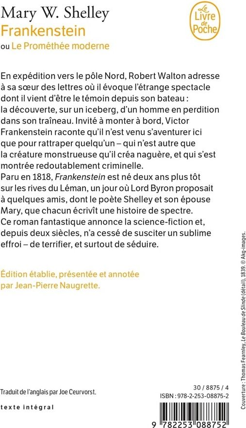 Quatrième de couverture de « Frankenstein ou Le Prométhée moderne »