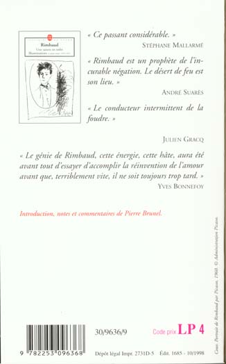 Quatrième de couverture de « UNE SAISON EN ENFER SUIVI DE LES ILLUMINATIONS »