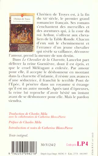 Quatrième de couverture de « Le chevalier de la charrette ou Le roman de Lancelot »