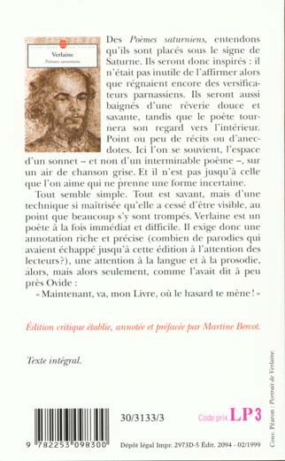 Quatrième de couverture de « POEMES SATURNIENS »