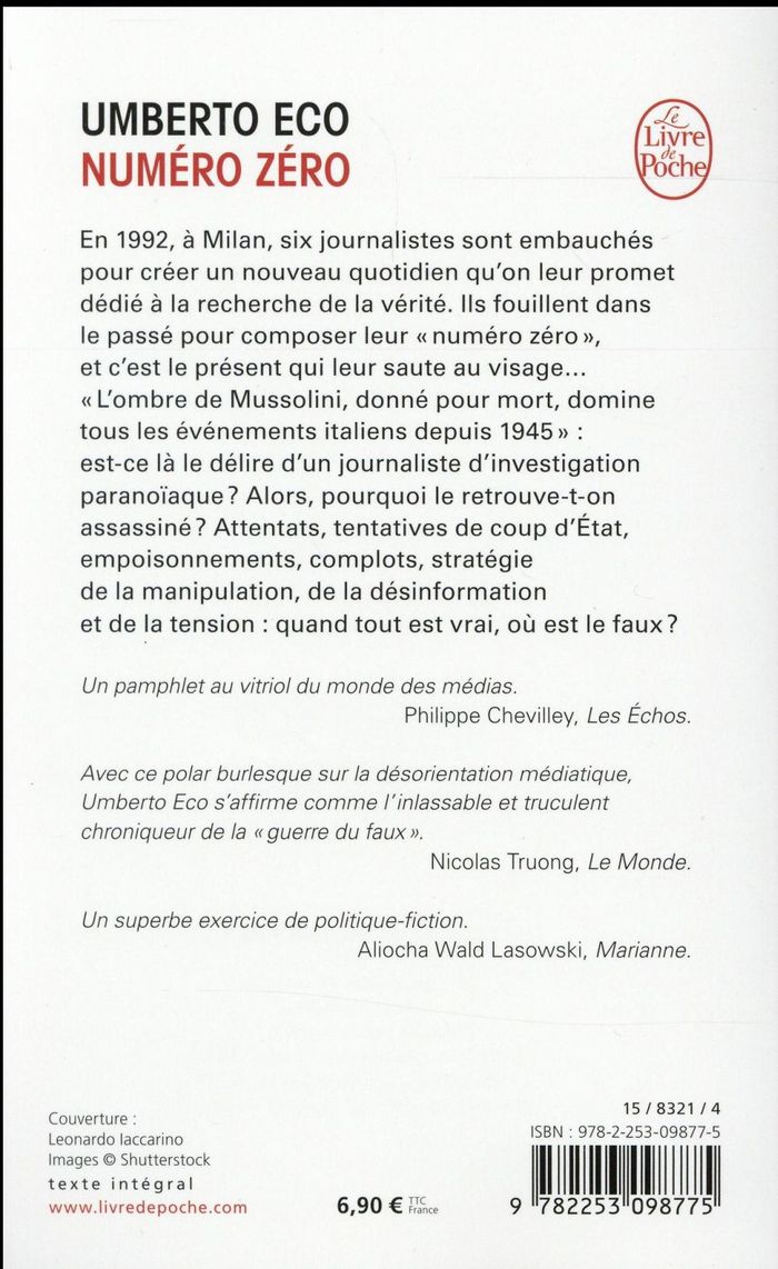 Quatrième de couverture de « Numéro zéro : roman »