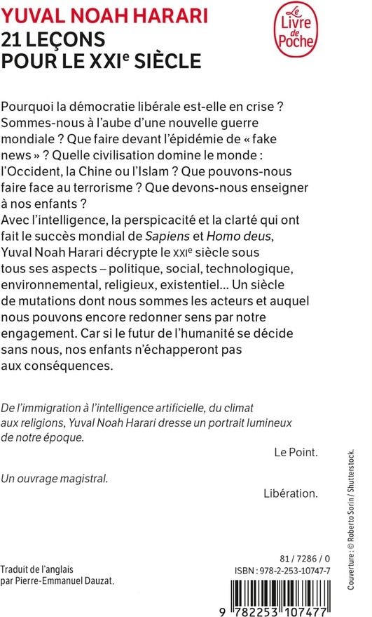 Quatrième de couverture de « 21 LECONS POUR LE XXIE SIECLE »
