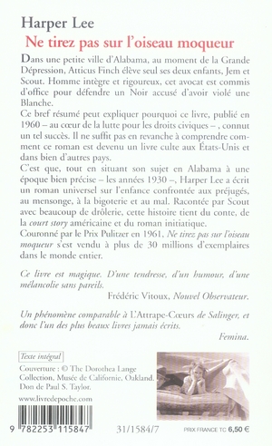 Quatrième de couverture de « NE TIREZ PAS SUR L'OISEAU MOQUEUR »