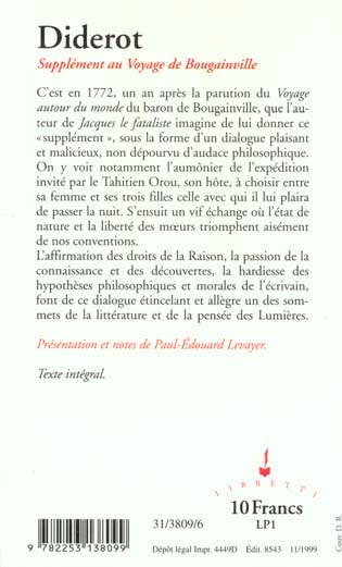 Quatrième de couverture de « SUPPLEMENT AU VOYAGE DE BOUGAINVILLE »