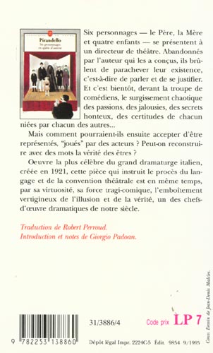 Quatrième de couverture de « SIX PERSONNAGES EN QUETE D'AUTEUR »
