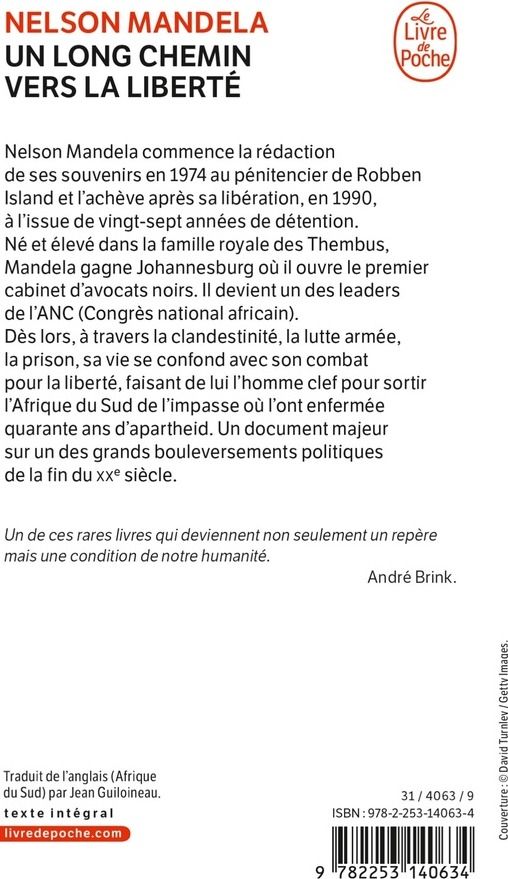 Quatrième de couverture de « UN LONG CHEMIN VERS LA LIBERTE »