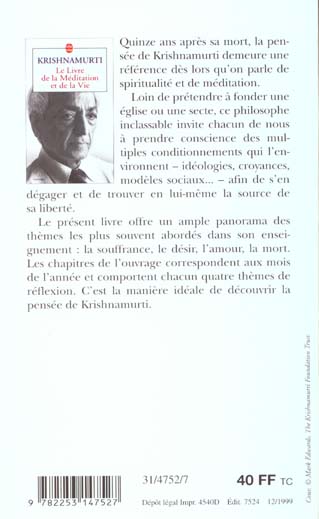 Quatrième de couverture de « LE LIVRE DE LA MEDITATION ET DE LA VIE »