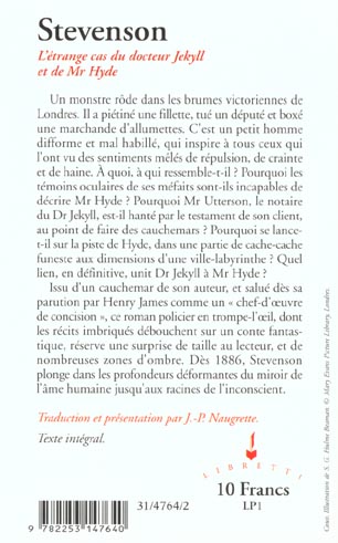 Quatrième de couverture de « L'ETRANGE CAS DU DOCTEUR JEKYLL ET DE MR HYDE »