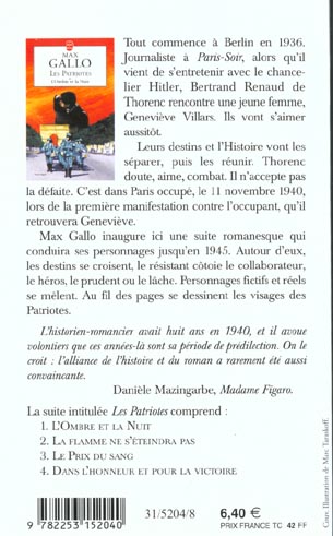 Quatrième de couverture de « LES PATRIOTES TOME 1 - L'OMBRE DE LA NUIT »
